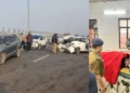 UP के बागपत जिले में कोहरे के कारण हुआ बड़ा सड़क हादसा। कई गाड़िया आपस मे टकराई।