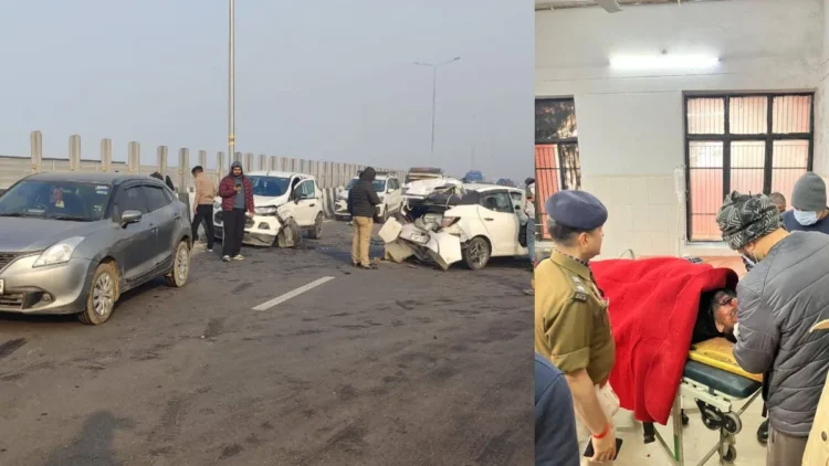 UP के बागपत जिले में कोहरे के कारण हुआ बड़ा सड़क हादसा। कई गाड़िया आपस मे टकराई।